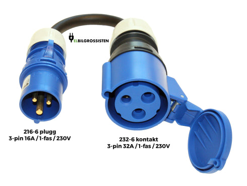 Ladekabel adapter — 16A/1-fas blå CEE industristøpsel (216-6) til 32A/1-fas blå CEE industrikontakt (232-6)
